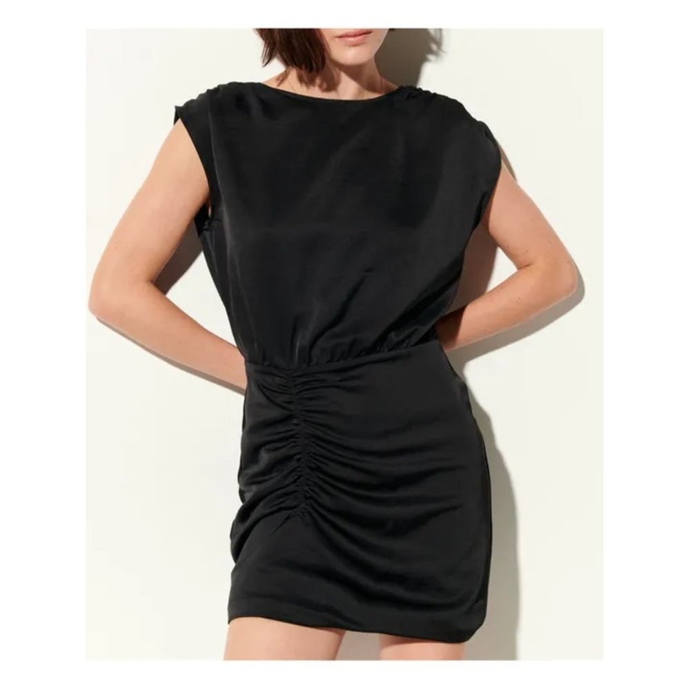 NWT Sessun Alessia Black Satin Backless Ruched Mini Dress Medium